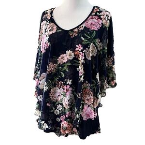 ADELE & MAY FLORAL TANK BLOUSE WITH SHEER CAPE OVERLAY BLUE PINK SIZE MEDIUM